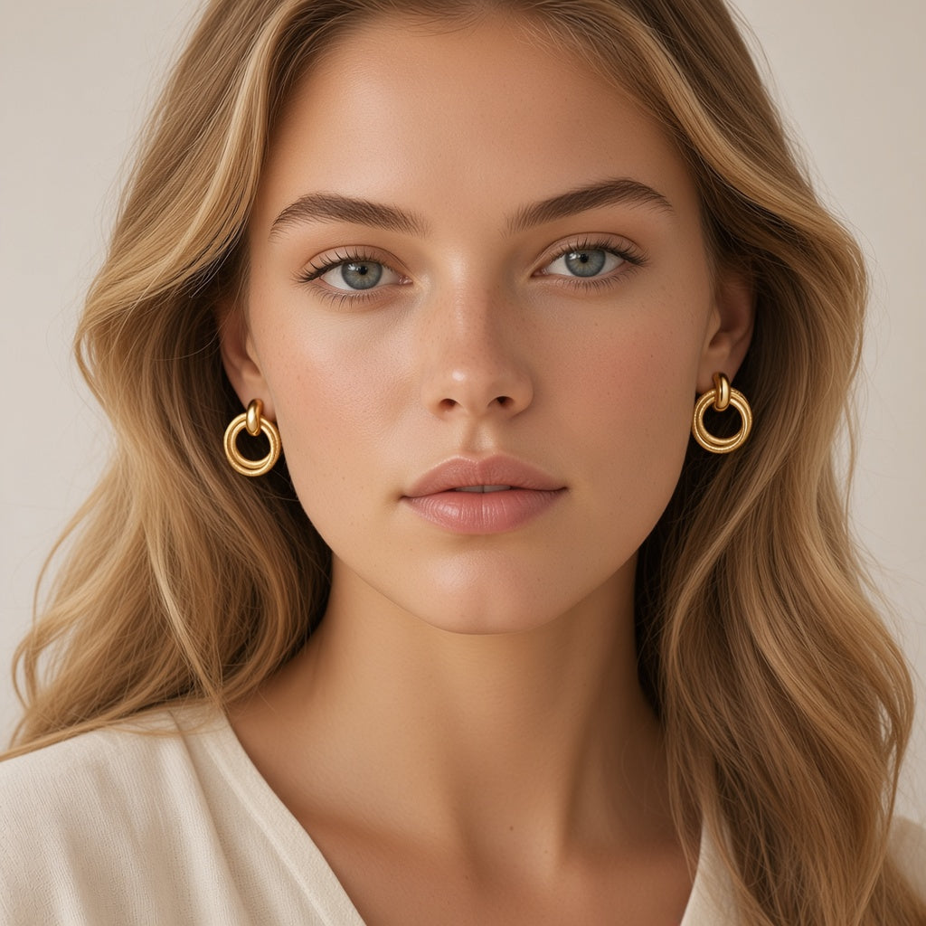 Interlocking Ribbed Hoop Earrings – Gold Double Link