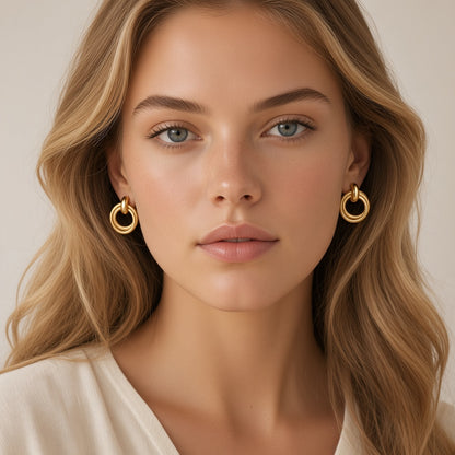 Interlocking Ribbed Hoop Earrings – Gold Double Link