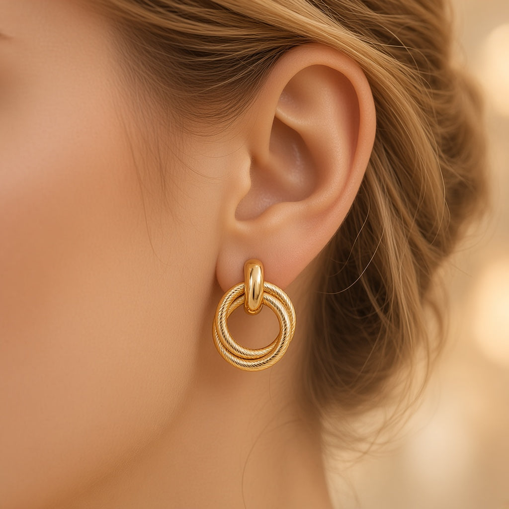 Interlocking Ribbed Hoop Earrings – Gold Double Link