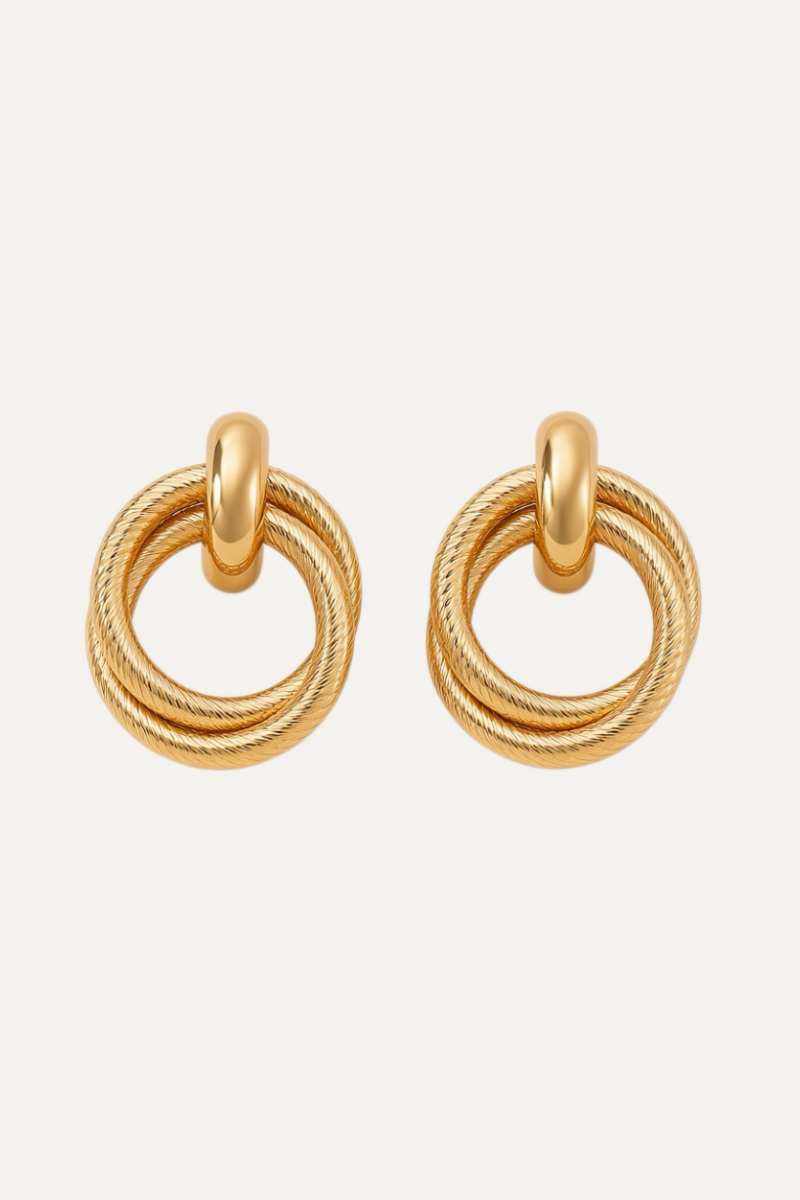 Interlocking Ribbed Hoop Earrings – Gold Double Link