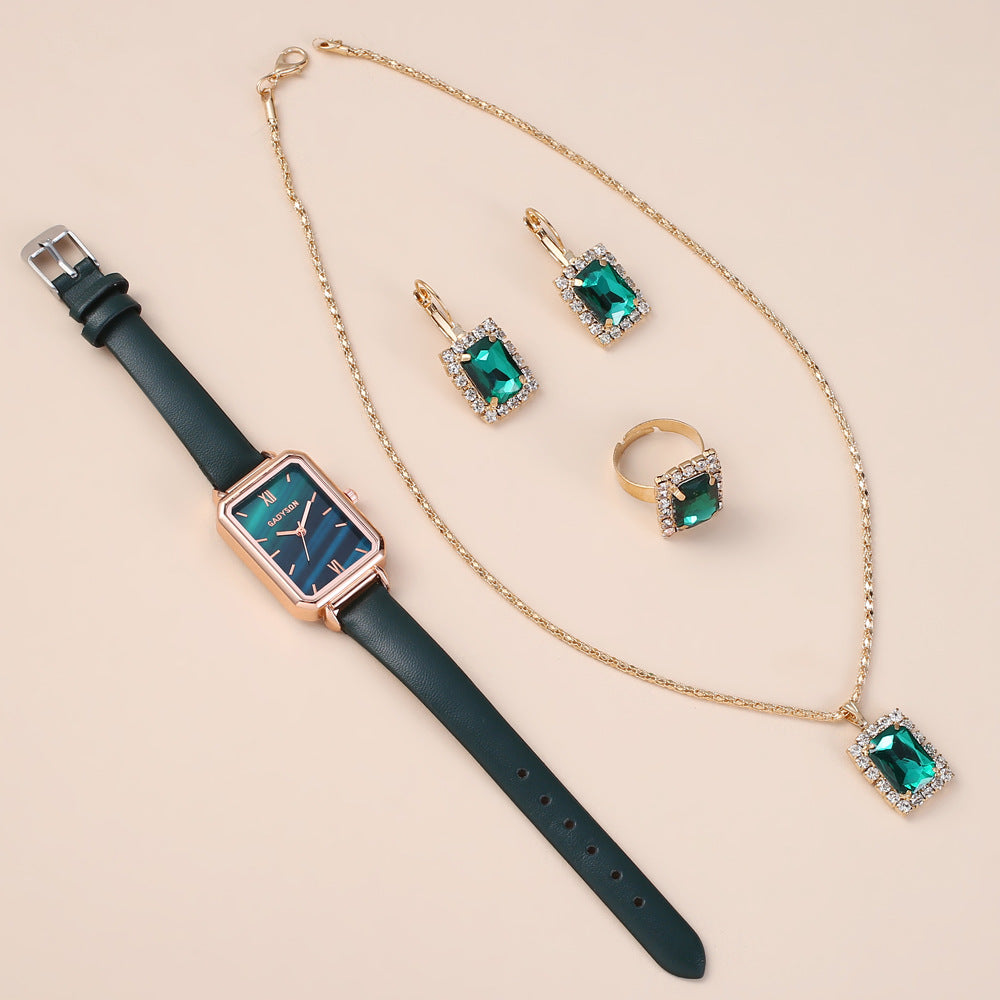 Belt Quartz Watch Necklace Ring Earrings (4pcs/set) Gifts For Women