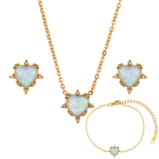 Gold Plated Heart Opal Pendant Necklace Earrings Stud Bracelet Set Gifts For Women