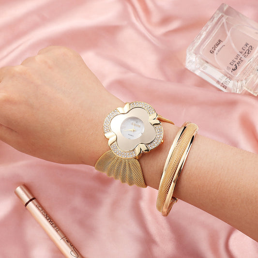 Watch Flower Oval Broadband Gold Mesh Strap Ladies Quartz Watch Set