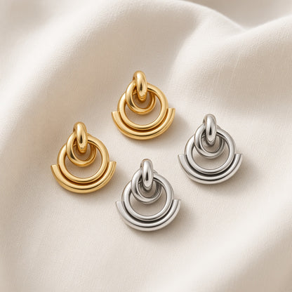 Geometric Interlocking Hoop Earrings – Gold / Silver Crescent Design