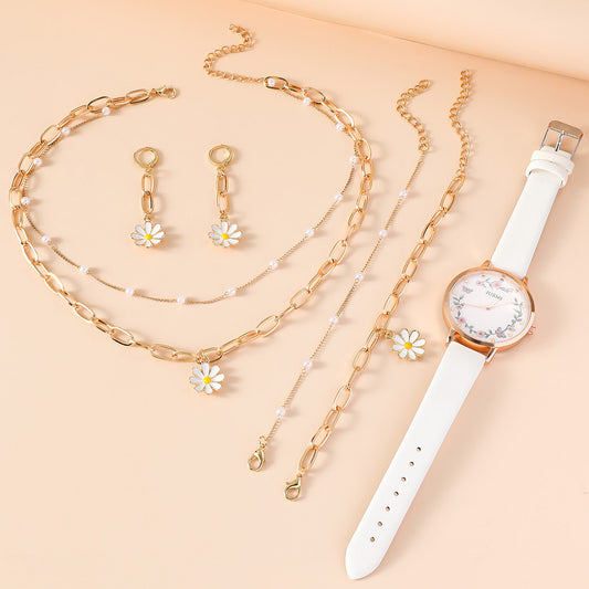 Small Daisy Quartz Watch Bracelet Ring Earrings Necklace Set