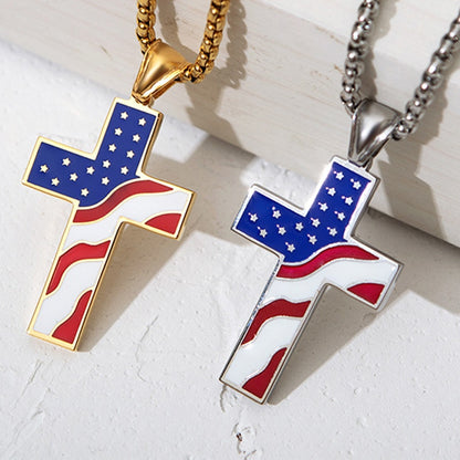 American Flag Patriotic Stainless Steel Cross Religious Jewelry Enamel Pendant Necklace