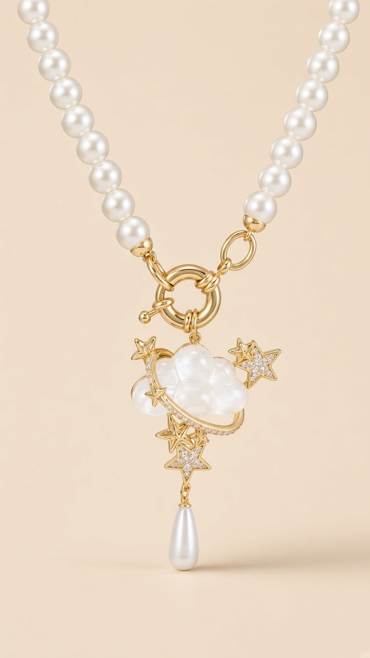 Celestial Cloud Pearl Necklace – Cat's Eye Stone with Stars