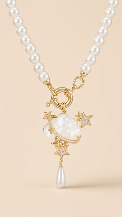 Celestial Cloud Pearl Necklace – Cat's Eye Stone with Stars