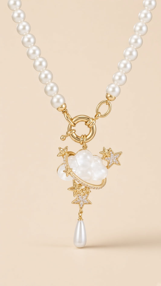 Celestial Cloud Pearl Necklace – Cat's Eye Stone with Stars
