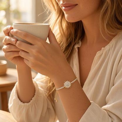 Sunflower Bolo Bracelet – Gold Plated with Crystal Tennis Row