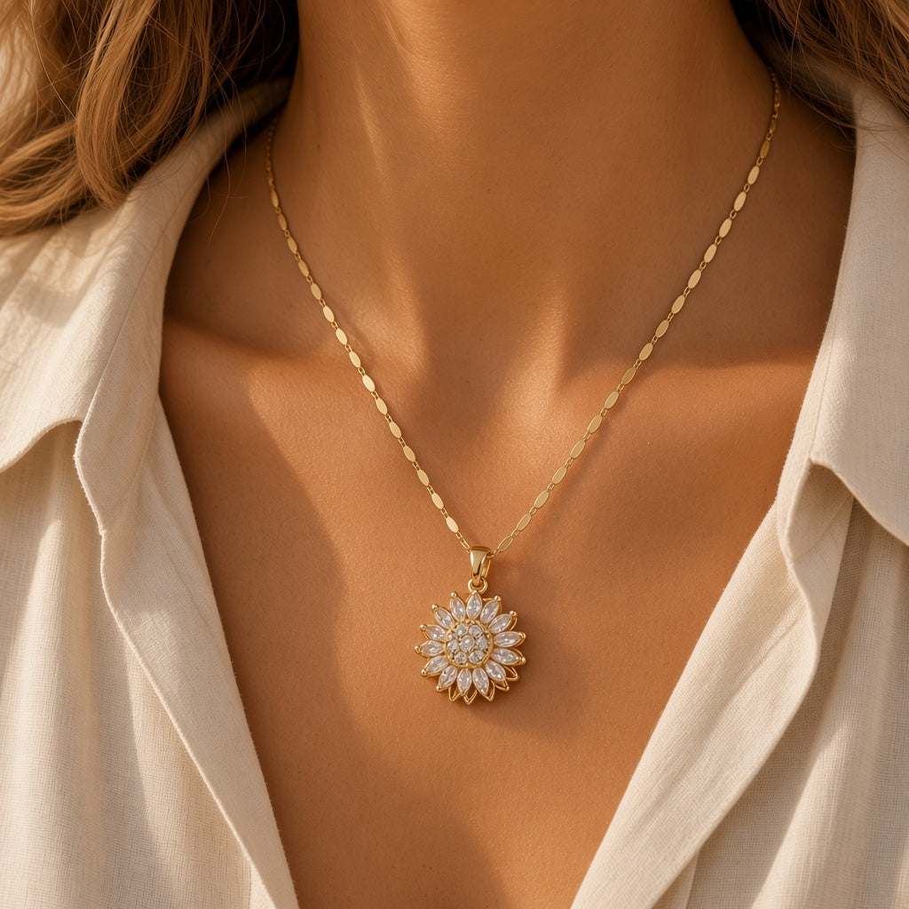 Sunflower Pendant Necklace – Gold Plated Oval Chain