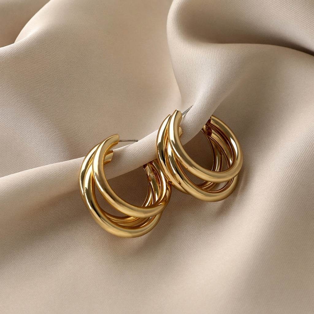 Triple Hoop Earrings – Gold Polished Layered Huggies